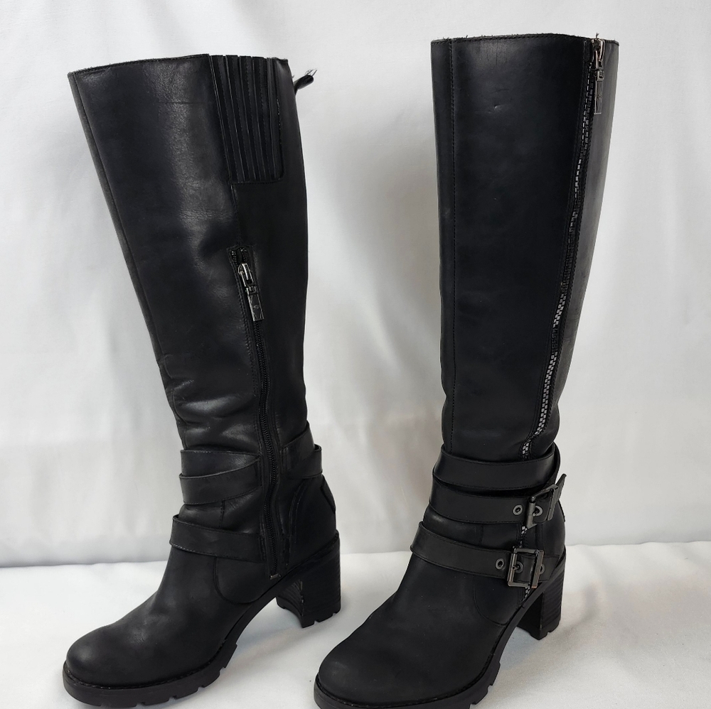 UGG Womens Sz 6 Lana Tall Biker Black Leather Boots Block Heel Lug Sole 1012904